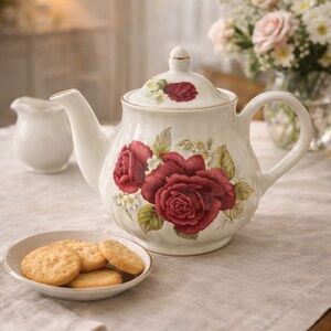 Arthur Wood & Son Staffordshire Teapot • Red Rose Pattern • Made in England